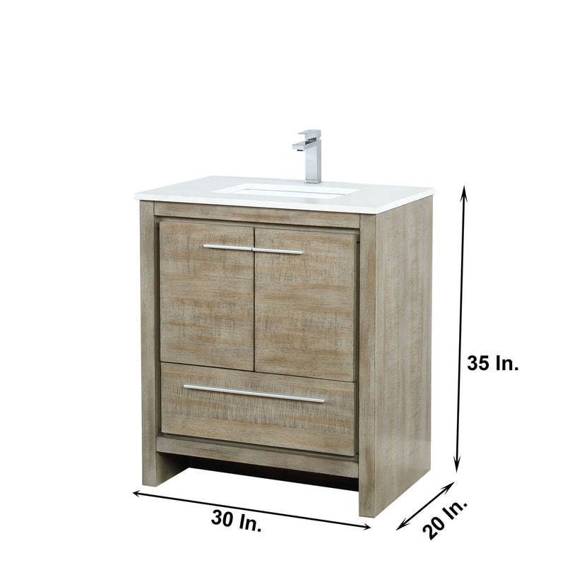 Lexora Lafarre 30" Rustic Acacia Bathroom Vanity, White Quartz Top, White Square Sink, and Labaro Brushed Nickel Faucet Set  LLF30SKSOS000FBN