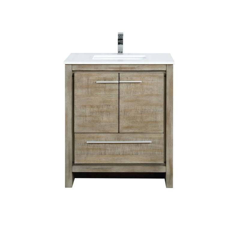 Lexora Lafarre 30" Rustic Acacia Bathroom Vanity, White Quartz Top, White Square Sink, and Labaro Brushed Nickel Faucet Set  LLF30SKSOS000FBN