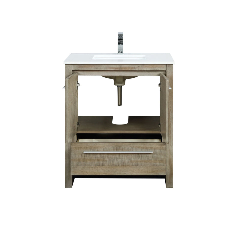 Lexora Lafarre 30" Rustic Acacia Bathroom Vanity, White Quartz Top, White Square Sink, and Labaro Brushed Nickel Faucet Set  LLF30SKSOS000FBN