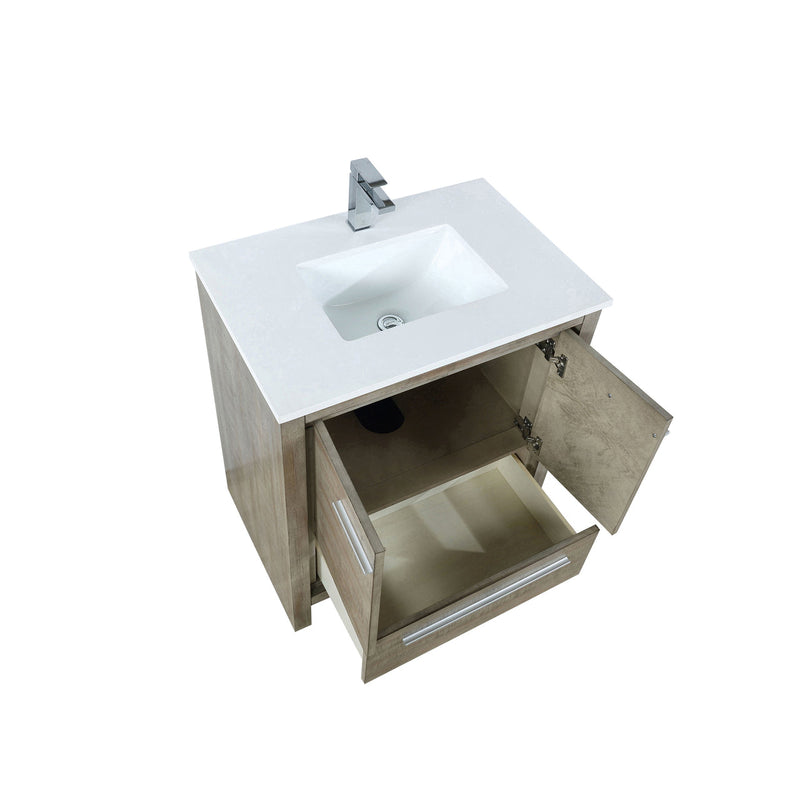 Lexora Lafarre 30" Rustic Acacia Bathroom Vanity, White Quartz Top, White Square Sink, and Labaro Brushed Nickel Faucet Set  LLF30SKSOS000FBN