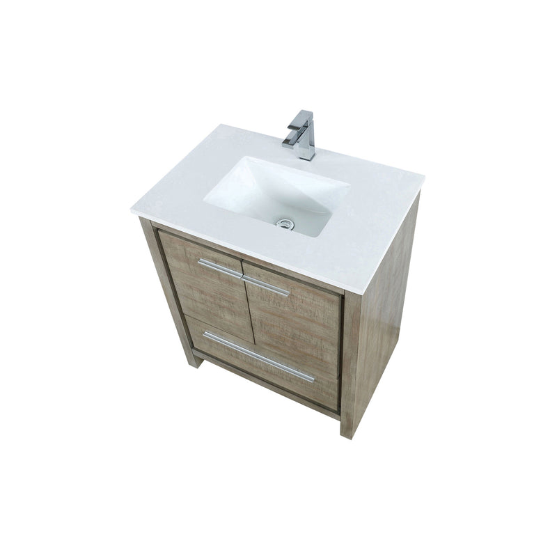 Lexora Lafarre 30" Rustic Acacia Bathroom Vanity, White Quartz Top, White Square Sink, and Labaro Brushed Nickel Faucet Set  LLF30SKSOS000FBN