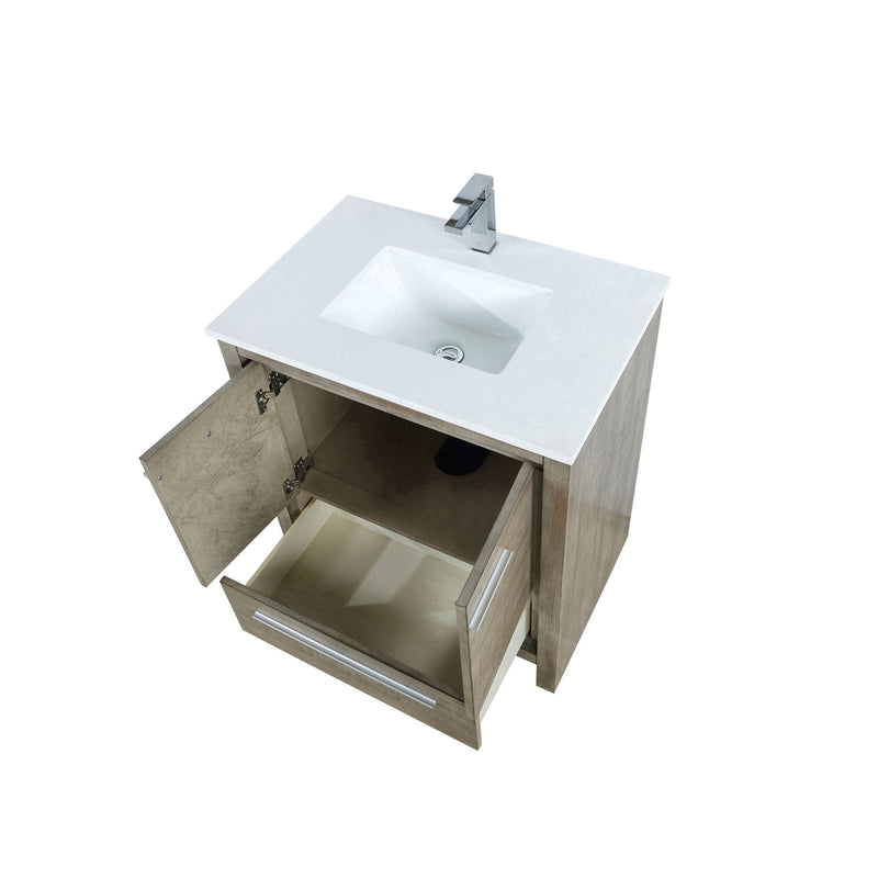 Lexora Lafarre 30" Rustic Acacia Bathroom Vanity, White Quartz Top, White Square Sink, and Labaro Brushed Nickel Faucet Set  LLF30SKSOS000FBN