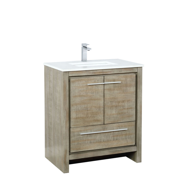 Lexora Lafarre 30" Rustic Acacia Bathroom Vanity, White Quartz Top, White Square Sink, and Labaro Brushed Nickel Faucet Set  LLF30SKSOS000FBN