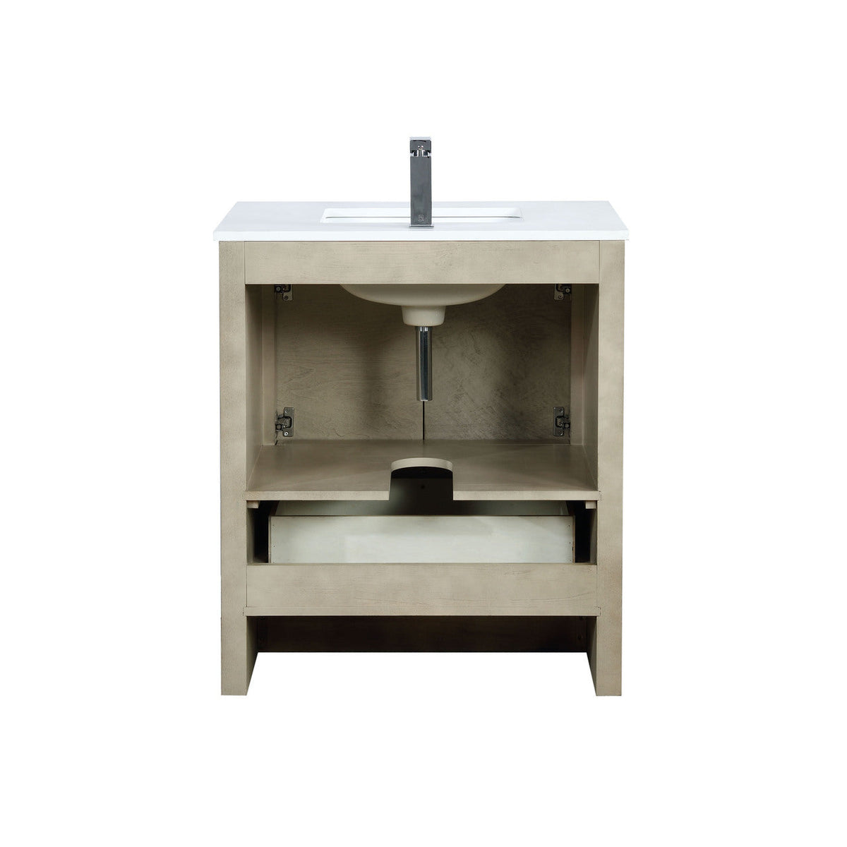 Lexora Lafarre 30" Rustic Acacia Bathroom Vanity, White Quartz Top, White Square Sink, Labaro Brushed Nickel Faucet Set, and 28" Frameless Mirror  LLF30SKSOSM28FBN - MyBBQDirect