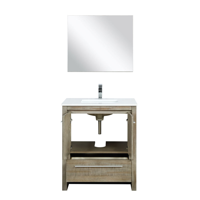 Lexora Lafarre 30" Rustic Acacia Bathroom Vanity, White Quartz Top, White Square Sink, Labaro Brushed Nickel Faucet Set, and 28" Frameless Mirror  LLF30SKSOSM28FBN