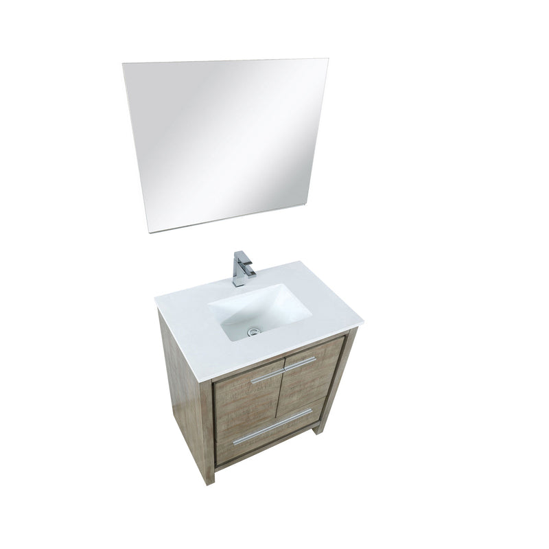 Lexora Lafarre 30" Rustic Acacia Bathroom Vanity, White Quartz Top, White Square Sink, Labaro Brushed Nickel Faucet Set, and 28" Frameless Mirror  LLF30SKSOSM28FBN