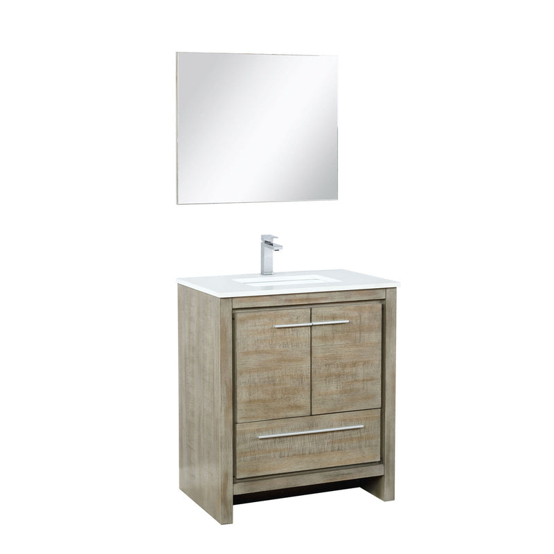 Lexora Lafarre 30" Rustic Acacia Bathroom Vanity, White Quartz Top, White Square Sink, Labaro Brushed Nickel Faucet Set, and 28" Frameless Mirror  LLF30SKSOSM28FBN