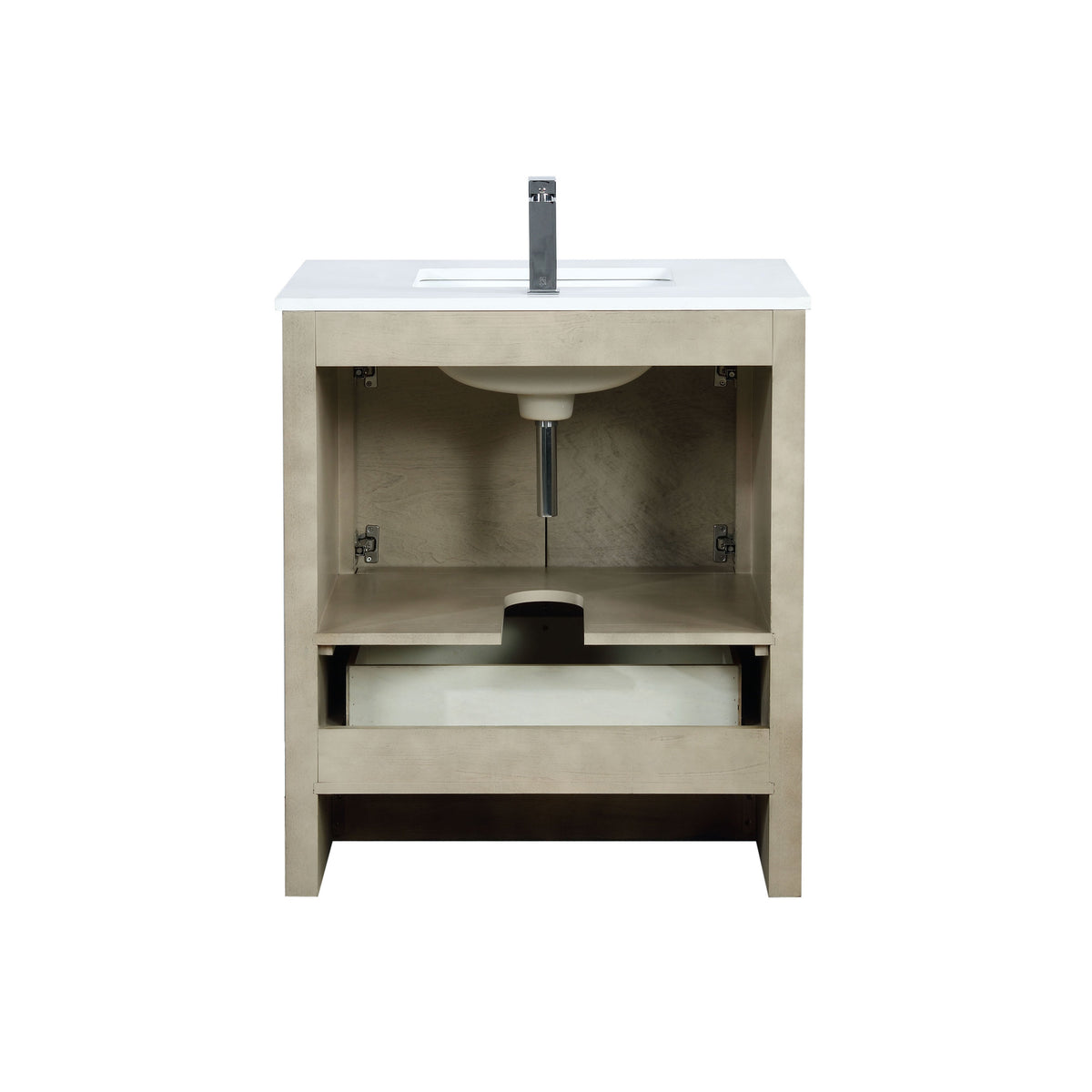 Lexora Lafarre 30" Rustic Acacia Bathroom Vanity, White Quartz Top, White Square Sink, Balzani Gun Metal Faucet Set, and 28" Frameless Mirror LLF30SKSOSM28FGM - MyBBQDirect