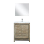 Lexora Lafarre 30" Rustic Acacia Bathroom Vanity, White Quartz Top, White Square Sink, Balzani Gun Metal Faucet Set, and 28" Frameless Mirror LLF30SKSOSM28FGM - MyBBQDirect