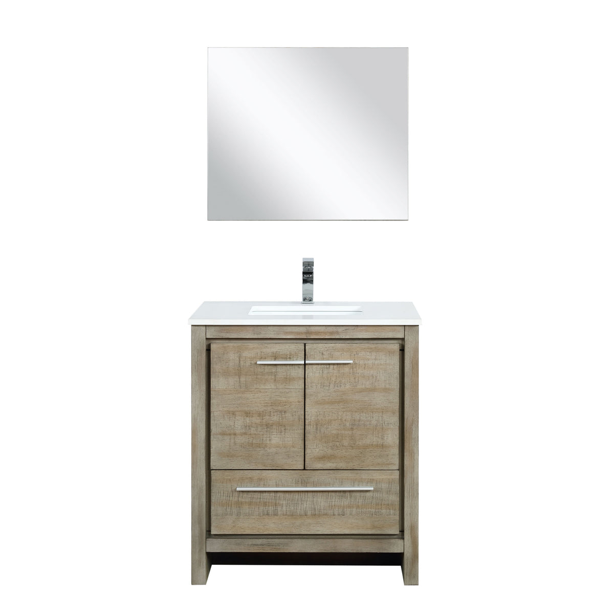 Lexora Lafarre 30" Rustic Acacia Bathroom Vanity, White Quartz Top, White Square Sink, Balzani Gun Metal Faucet Set, and 28" Frameless Mirror LLF30SKSOSM28FGM - MyBBQDirect