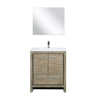 Lexora Lafarre 30" Rustic Acacia Bathroom Vanity, White Quartz Top, White Square Sink, Balzani Gun Metal Faucet Set, and 28" Frameless Mirror LLF30SKSOSM28FGM - MyBBQDirect