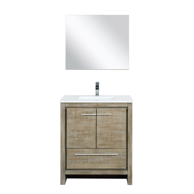 Lexora Lafarre 30" Rustic Acacia Bathroom Vanity, White Quartz Top, White Square Sink, Balzani Gun Metal Faucet Set, and 28" Frameless Mirror LLF30SKSOSM28FGM