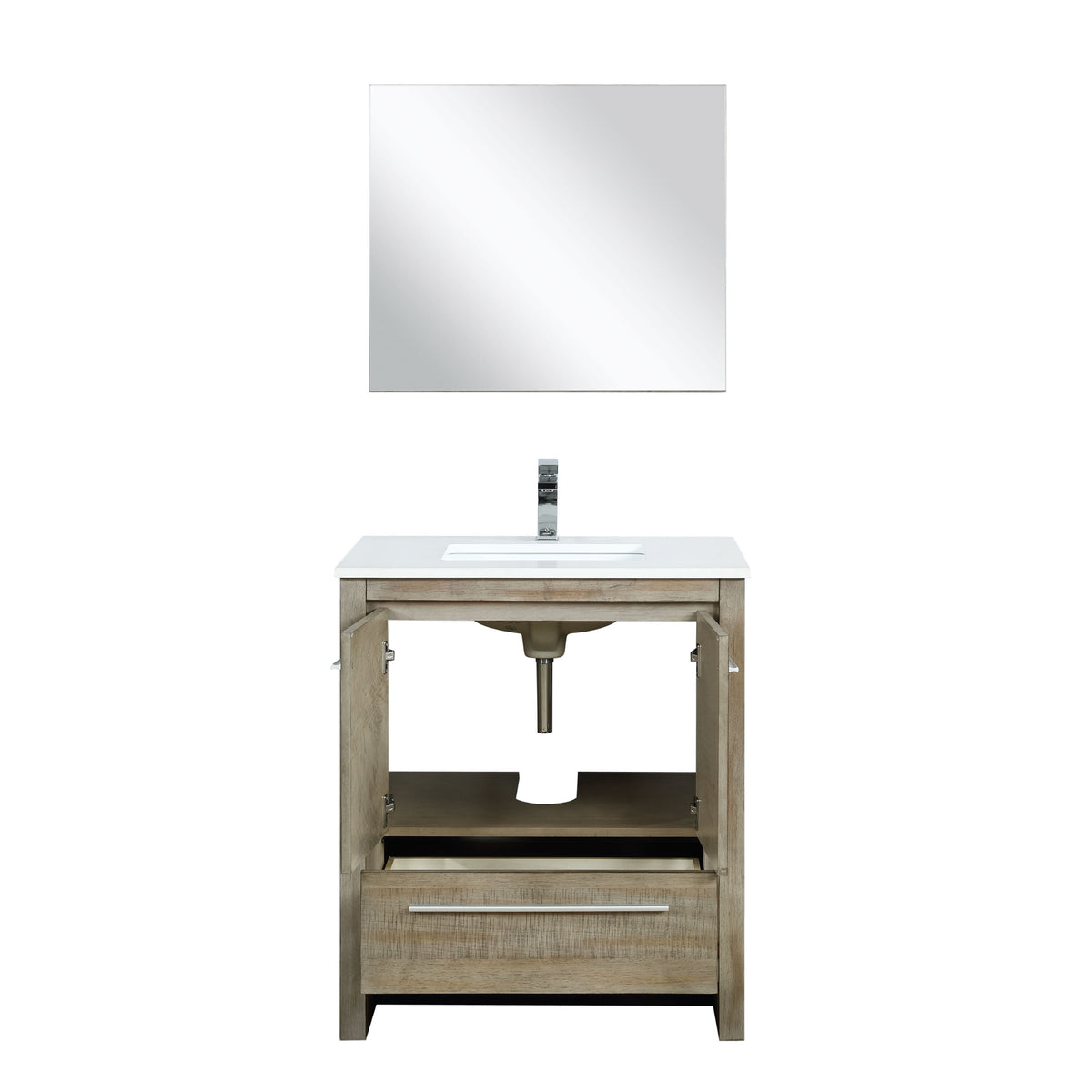 Lexora Lafarre 30" Rustic Acacia Bathroom Vanity, White Quartz Top, White Square Sink, Balzani Gun Metal Faucet Set, and 28" Frameless Mirror LLF30SKSOSM28FGM - MyBBQDirect