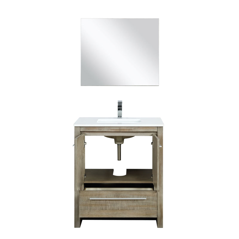 Lexora Lafarre 30" Rustic Acacia Bathroom Vanity, White Quartz Top, White Square Sink, Balzani Gun Metal Faucet Set, and 28" Frameless Mirror LLF30SKSOSM28FGM