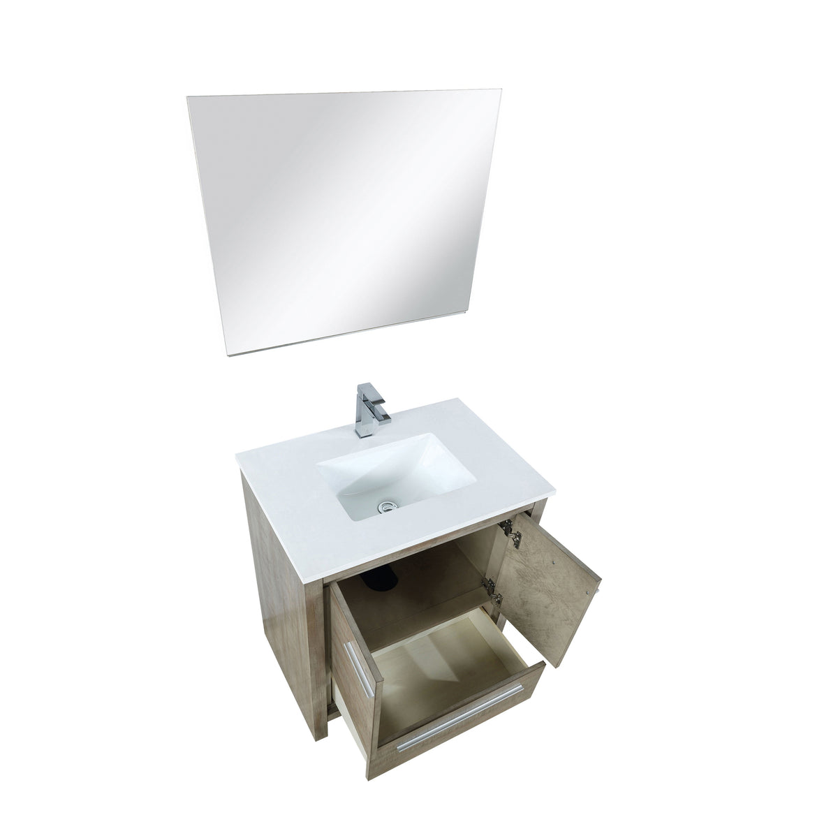 Lexora Lafarre 30" Rustic Acacia Bathroom Vanity, White Quartz Top, White Square Sink, Balzani Gun Metal Faucet Set, and 28" Frameless Mirror LLF30SKSOSM28FGM - MyBBQDirect