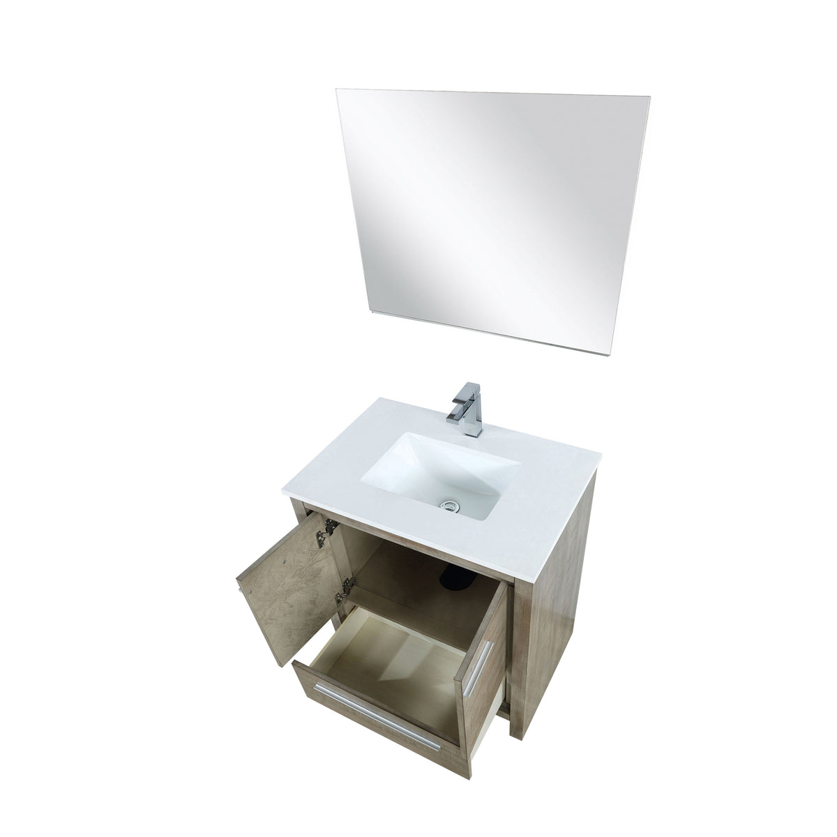 Lexora Lafarre 30" Rustic Acacia Bathroom Vanity, White Quartz Top, White Square Sink, Balzani Gun Metal Faucet Set, and 28" Frameless Mirror LLF30SKSOSM28FGM - MyBBQDirect