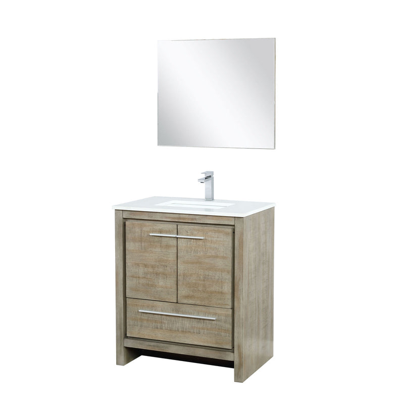 Lexora Lafarre 30" Rustic Acacia Bathroom Vanity, White Quartz Top, White Square Sink, Labaro Rose Gold Faucet Set, and 28" Frameless Mirror LLF30SKSOSM28FRG