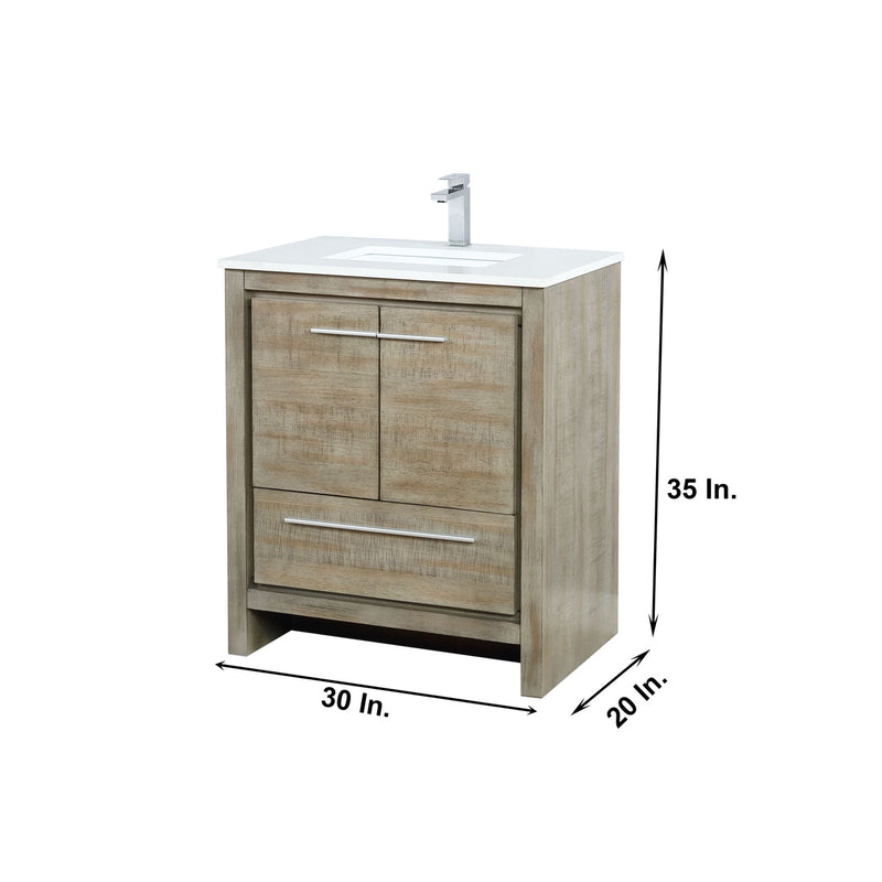 Lexora Lafarre 30" Rustic Acacia Bathroom Vanity, White Quartz Top, White Square Sink, Labaro Rose Gold Faucet Set, and 28" Frameless Mirror LLF30SKSOSM28FRG