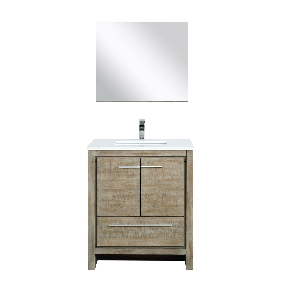 Lexora Lafarre 30" Rustic Acacia Bathroom Vanity, White Quartz Top, White Square Sink, Labaro Rose Gold Faucet Set, and 28" Frameless Mirror LLF30SKSOSM28FRG - MyBBQDirect