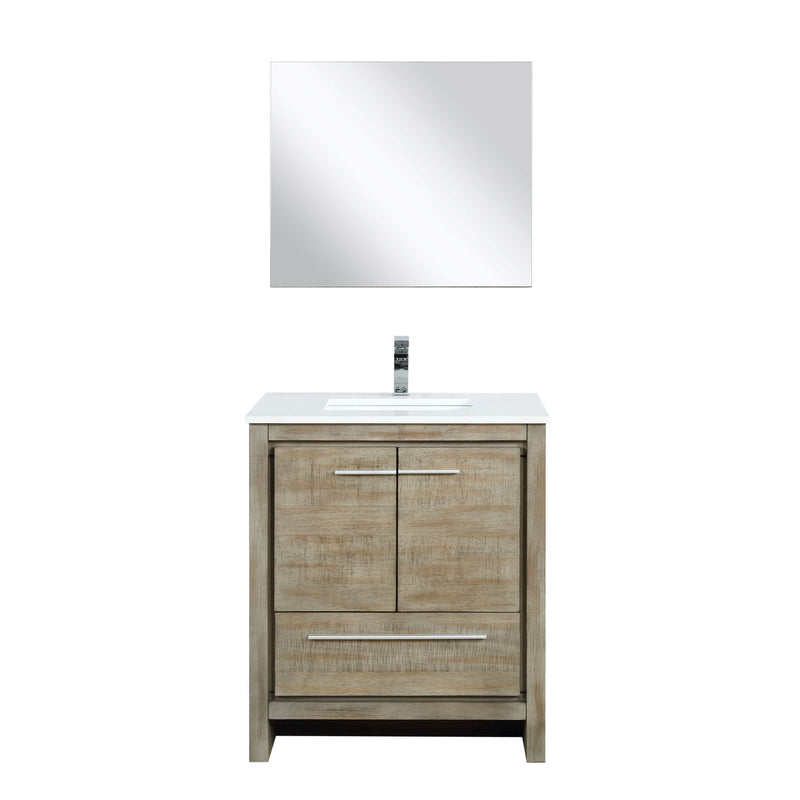 Lexora Lafarre 30" Rustic Acacia Bathroom Vanity, White Quartz Top, White Square Sink, Labaro Rose Gold Faucet Set, and 28" Frameless Mirror LLF30SKSOSM28FRG