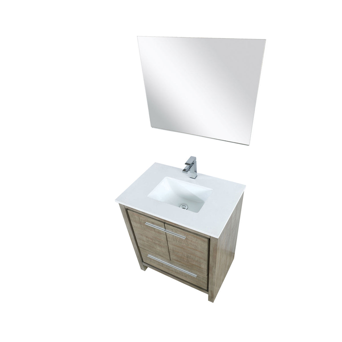 Lexora Lafarre 30" Rustic Acacia Bathroom Vanity, White Quartz Top, White Square Sink, Labaro Rose Gold Faucet Set, and 28" Frameless Mirror LLF30SKSOSM28FRG - MyBBQDirect