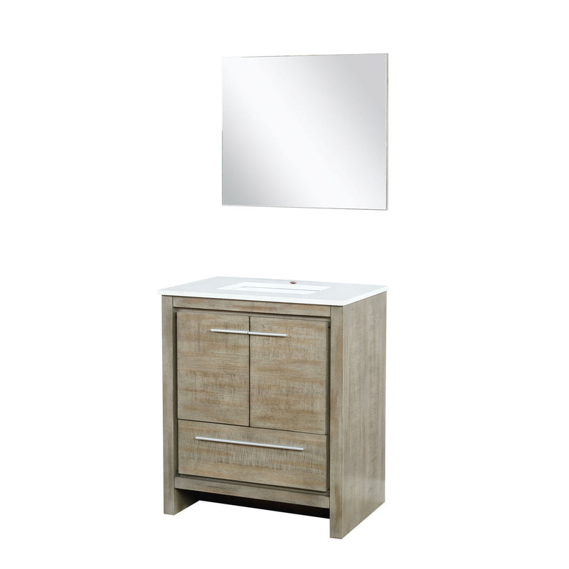 Lexora Lafarre 30" Rustic Acacia Bathroom Vanity, White Quartz Top, White Square Sink, and 28" Frameless Mirror LLF30SKSOSM28