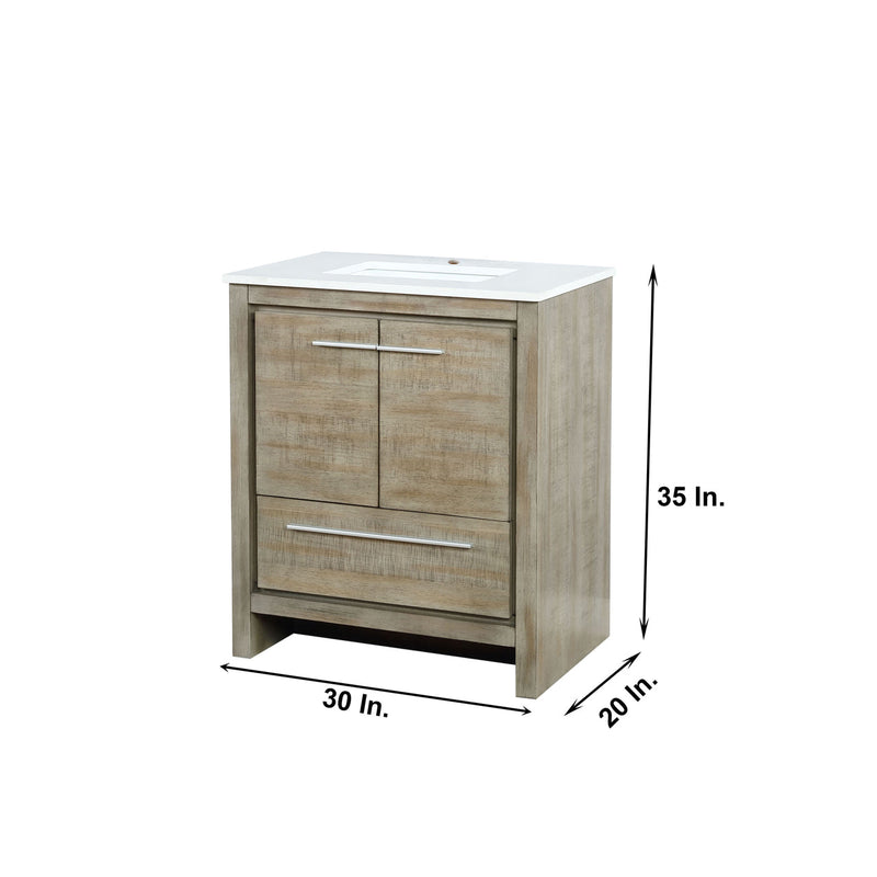 Lexora Lafarre 30" Rustic Acacia Bathroom Vanity, White Quartz Top, White Square Sink, and 28" Frameless Mirror LLF30SKSOSM28