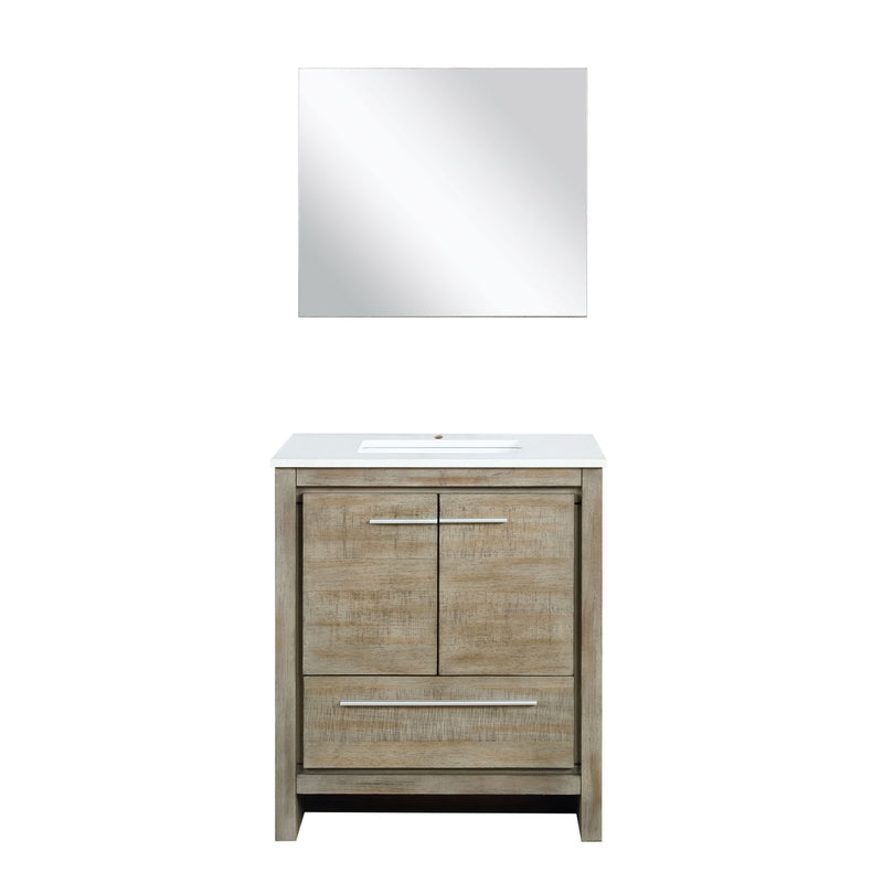 Lexora Lafarre 30" Rustic Acacia Bathroom Vanity, White Quartz Top, White Square Sink, and 28" Frameless Mirror LLF30SKSOSM28