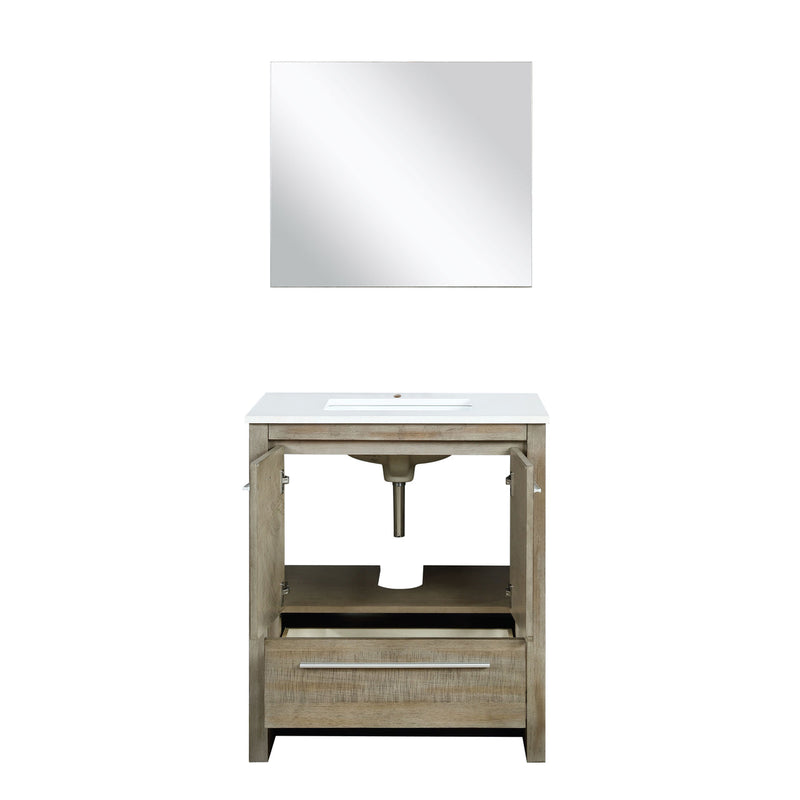 Lexora Lafarre 30" Rustic Acacia Bathroom Vanity, White Quartz Top, White Square Sink, and 28" Frameless Mirror LLF30SKSOSM28