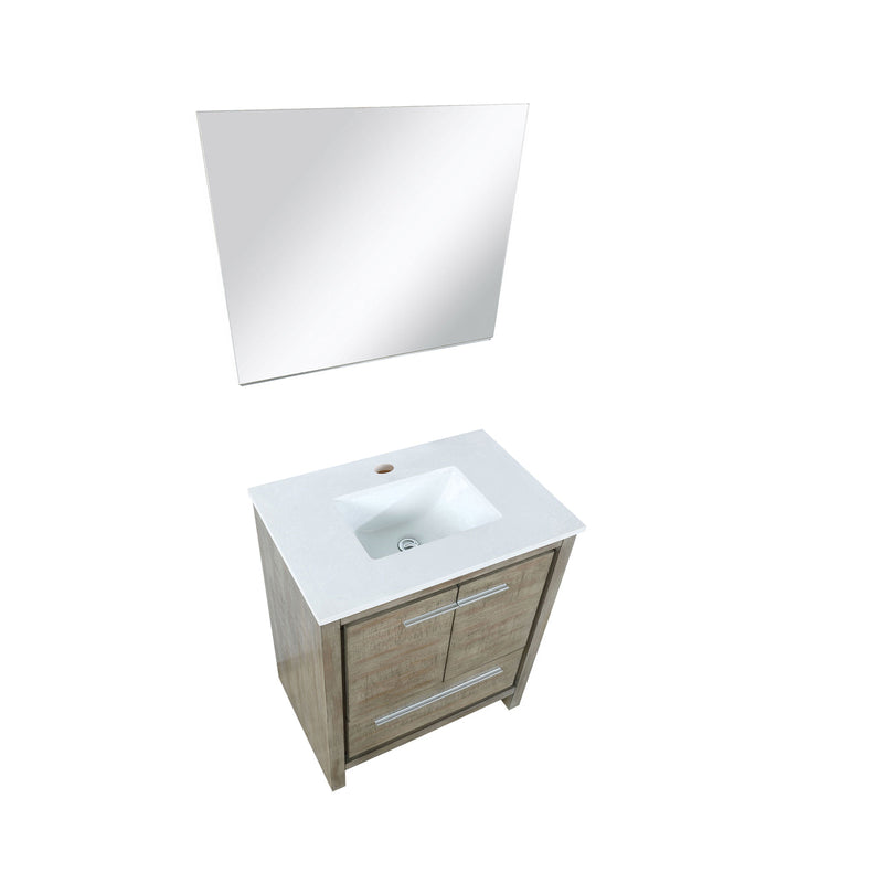 Lexora Lafarre 30" Rustic Acacia Bathroom Vanity, White Quartz Top, White Square Sink, and 28" Frameless Mirror LLF30SKSOSM28