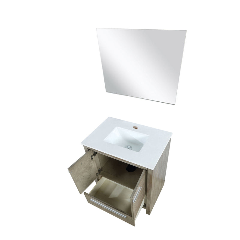 Lexora Lafarre 30" Rustic Acacia Bathroom Vanity, White Quartz Top, White Square Sink, and 28" Frameless Mirror LLF30SKSOSM28