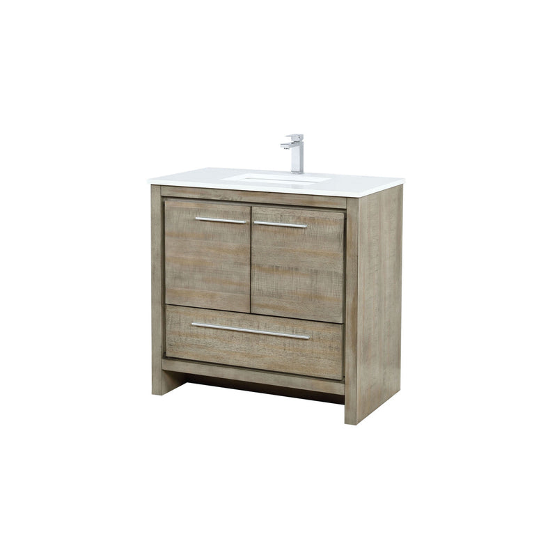 Lexora Lafarre 36" Rustic Acacia Bathroom Vanity, White Quartz Top, White Square Sink, and Labaro Brushed Nickel Faucet Set LLF36SKSOS000FBN