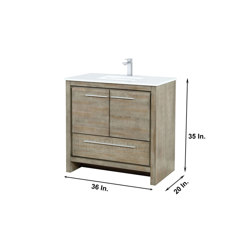 Lexora Lafarre 36" Rustic Acacia Bathroom Vanity, White Quartz Top, White Square Sink, and Labaro Brushed Nickel Faucet Set LLF36SKSOS000FBN