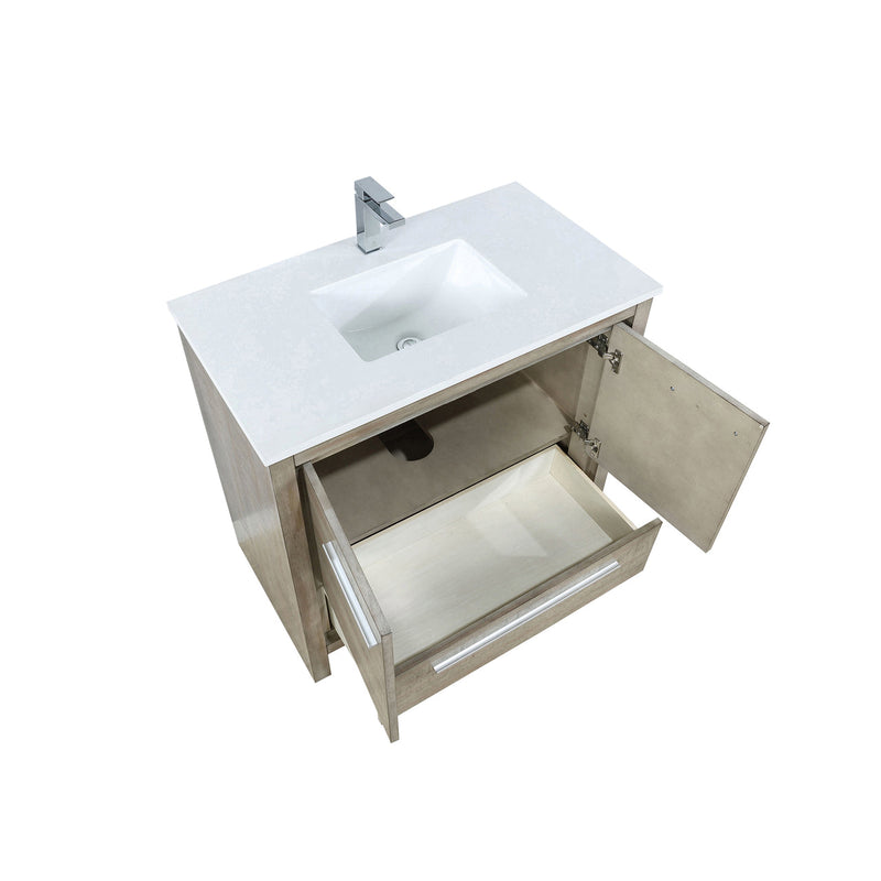 Lexora Lafarre 36" Rustic Acacia Bathroom Vanity, White Quartz Top, White Square Sink, and Labaro Brushed Nickel Faucet Set LLF36SKSOS000FBN