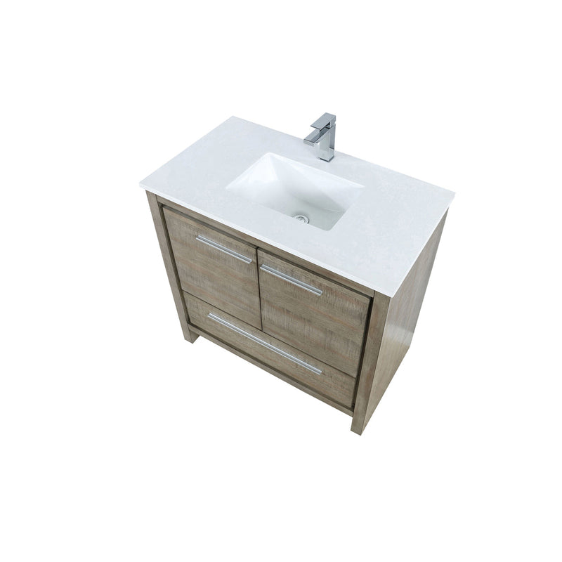 Lexora Lafarre 36" Rustic Acacia Bathroom Vanity, White Quartz Top, White Square Sink, and Labaro Brushed Nickel Faucet Set LLF36SKSOS000FBN