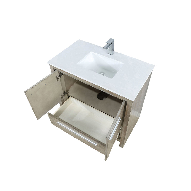 Lexora Lafarre 36" Rustic Acacia Bathroom Vanity, White Quartz Top, White Square Sink, and Labaro Brushed Nickel Faucet Set LLF36SKSOS000FBN