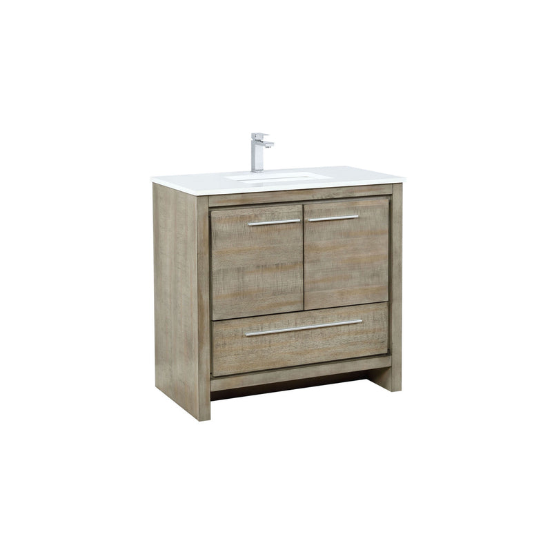 Lexora Lafarre 36" Rustic Acacia Bathroom Vanity, White Quartz Top, White Square Sink, and Labaro Brushed Nickel Faucet Set LLF36SKSOS000FBN