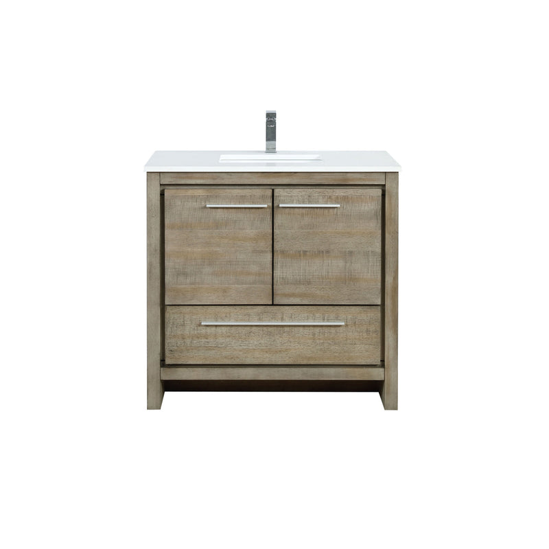 Lexora Lafarre 36" Rustic Acacia Bathroom Vanity, White Quartz Top, White Square Sink, and Balzani Gun Metal Faucet Set LLF36SKSOS000FGM