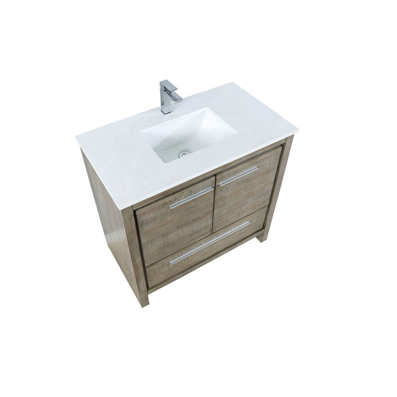 Lexora Lafarre 36" Rustic Acacia Bathroom Vanity, White Quartz Top, White Square Sink, and Balzani Gun Metal Faucet Set LLF36SKSOS000FGM