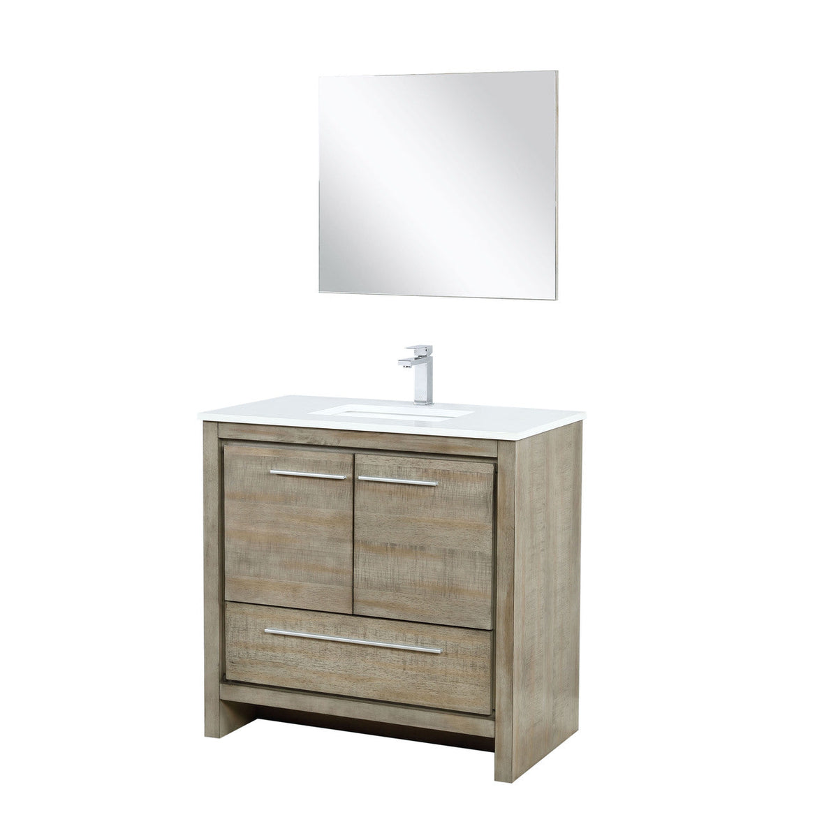 Lexora Lafarre 36" Rustic Acacia Bathroom Vanity, White Quartz Top, White Square Sink, Labaro Rose Gold Faucet Set, and 28" Frameless Mirror LLF36SKSOSM28FRG - MyBBQDirect