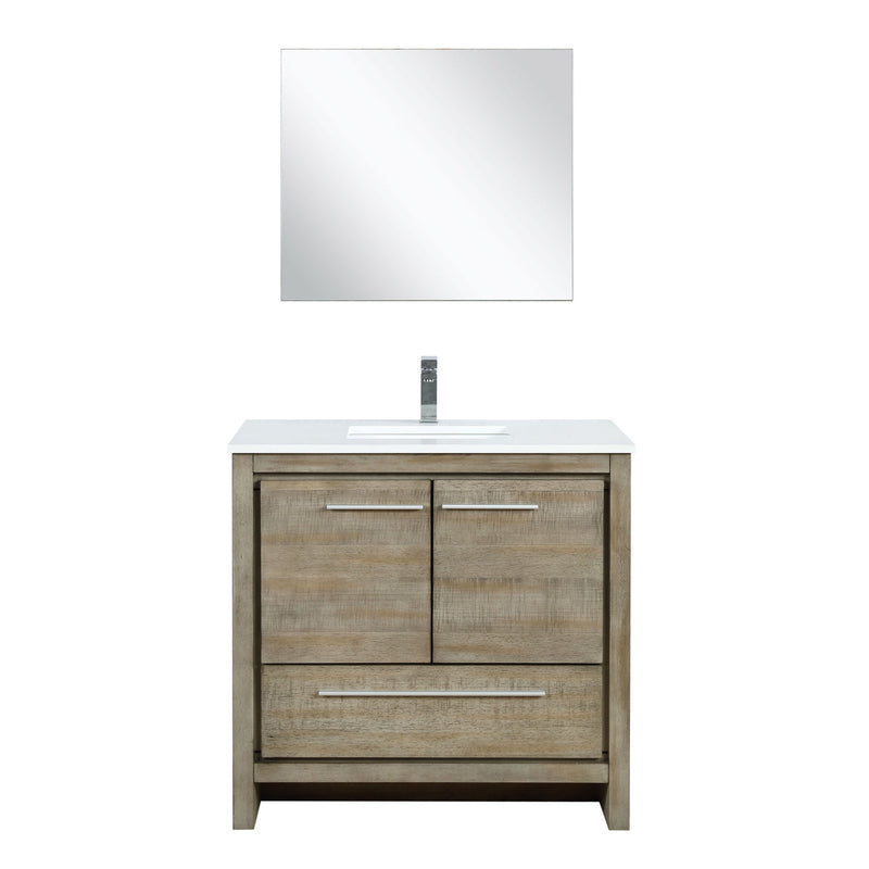 Lexora Lafarre 36" Rustic Acacia Bathroom Vanity, White Quartz Top, White Square Sink, Labaro Rose Gold Faucet Set, and 28" Frameless Mirror LLF36SKSOSM28FRG