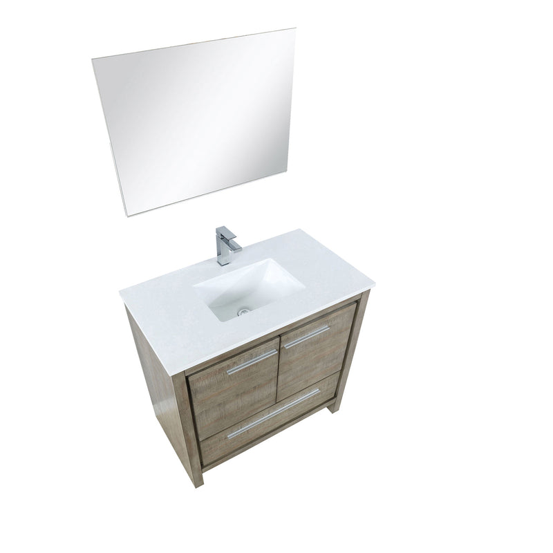 Lexora Lafarre 36" Rustic Acacia Bathroom Vanity, White Quartz Top, White Square Sink, Labaro Rose Gold Faucet Set, and 28" Frameless Mirror LLF36SKSOSM28FRG