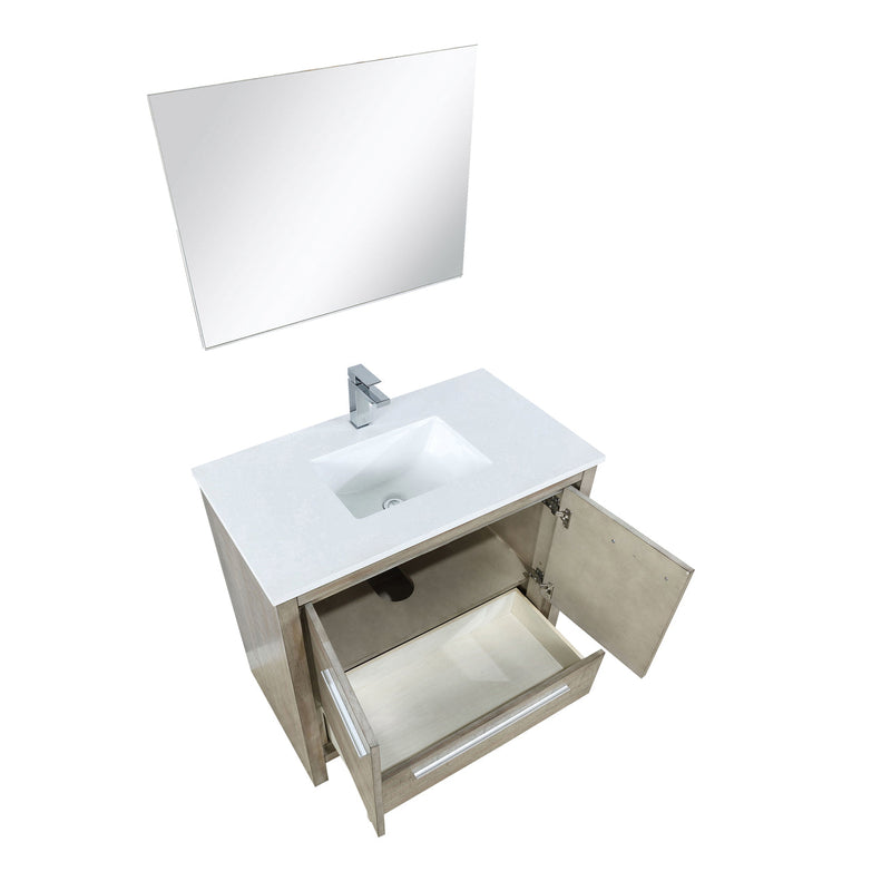 Lexora Lafarre 36" Rustic Acacia Bathroom Vanity, White Quartz Top, White Square Sink, Labaro Rose Gold Faucet Set, and 28" Frameless Mirror LLF36SKSOSM28FRG