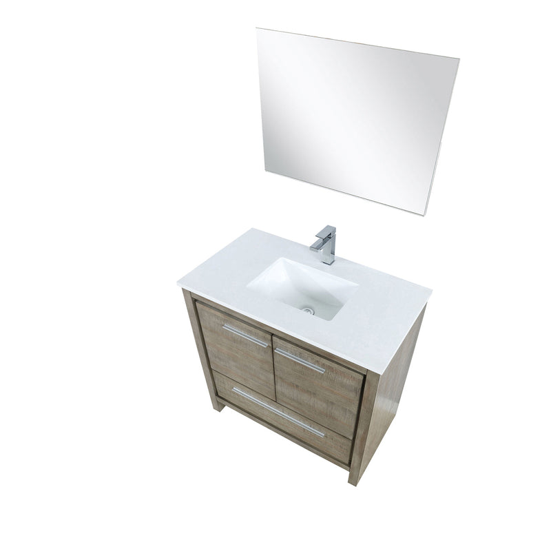 Lexora Lafarre 36" Rustic Acacia Bathroom Vanity, White Quartz Top, White Square Sink, Labaro Rose Gold Faucet Set, and 28" Frameless Mirror LLF36SKSOSM28FRG