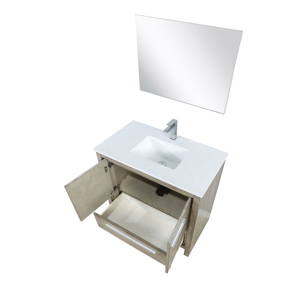 Lexora Lafarre 36" Rustic Acacia Bathroom Vanity, White Quartz Top, White Square Sink, Labaro Rose Gold Faucet Set, and 28" Frameless Mirror LLF36SKSOSM28FRG - MyBBQDirect