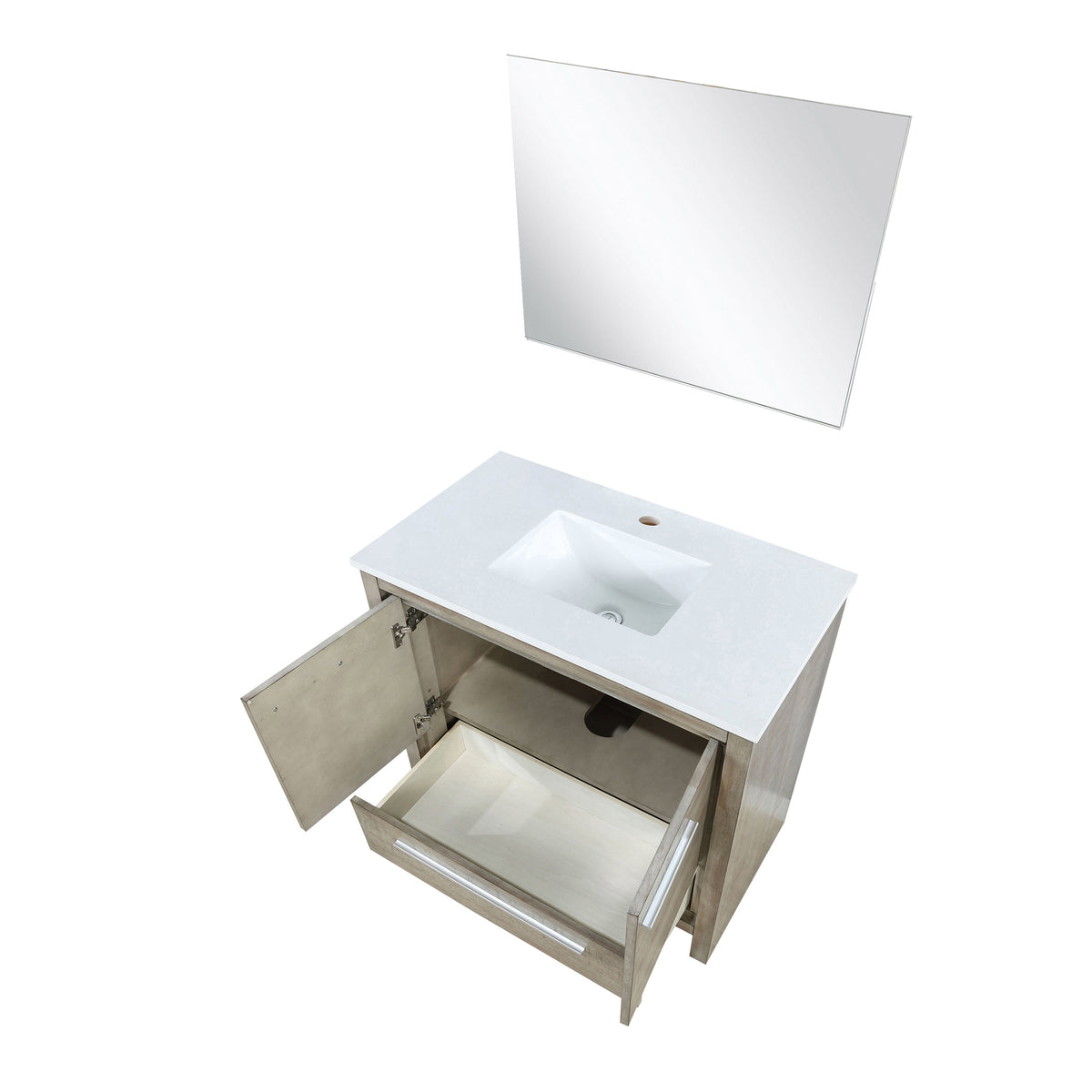 Lexora Lafarre 36" Rustic Acacia Bathroom Vanity, White Quartz Top, White Square Sink, and 28" Frameless Mirror LLF36SKSOSM28 - MyBBQDirect
