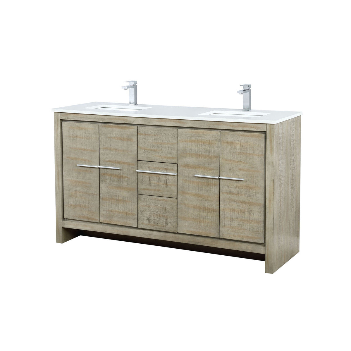 Lexora Lafarre 60" Rustic Acacia Double Bathroom Vanity, White Quartz Top, White Square Sinks, and Labaro Brushed Nickel Faucet Set LLF60DKSOD000FBN - MyBBQDirect