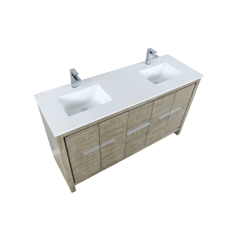 Lexora Lafarre 60" Rustic Acacia Double Bathroom Vanity, White Quartz Top, White Square Sinks, and Balzani Gun Metal Faucet Set LLF60DKSOD000FGM