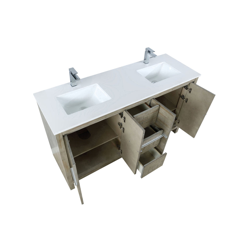 Lexora Lafarre 60" Rustic Acacia Double Bathroom Vanity, White Quartz Top, White Square Sinks, and Balzani Gun Metal Faucet Set LLF60DKSOD000FGM