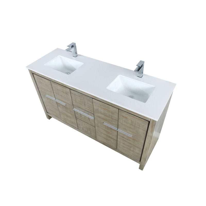 Lexora Lafarre 60" Rustic Acacia Double Bathroom Vanity, White Quartz Top, White Square Sinks, and Balzani Gun Metal Faucet Set LLF60DKSOD000FGM